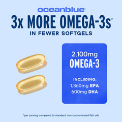 Label on Oceanblue Omega-3 orange-flavored bottle showing burpless formulation