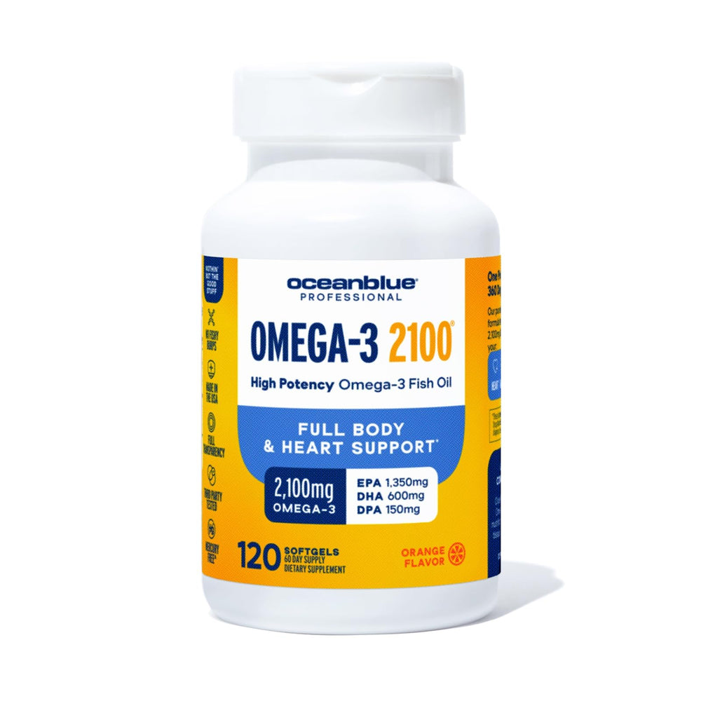 Oceanblue Professional Omega-3 2100 bottle showcases high-potency omega-3 for daily use.