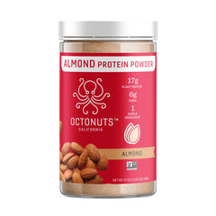 OCTONUTS Almond Protein Powder jar front, clean label emphasizes protein source