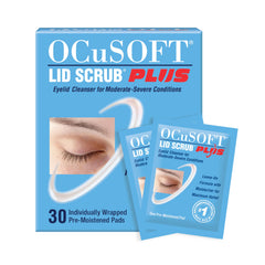 OCuSOFT Lid Scrub Plus packaging shows a 30-count box for eyelid care.