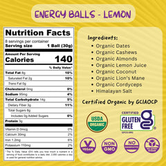 ODD BALLS Lemon energy ball packaging showing organic, vegan, gluten-free credentials.