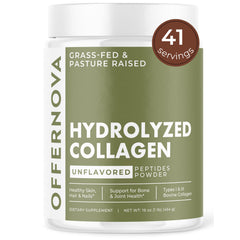 Offernova hydrolyzed collagen powder bottle promotes supple skin and joint comfort.