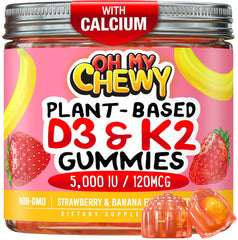 OH MY CHEWY center-filled vitamin d3 k2 calcium gummies bottle supports daily family supplementation.