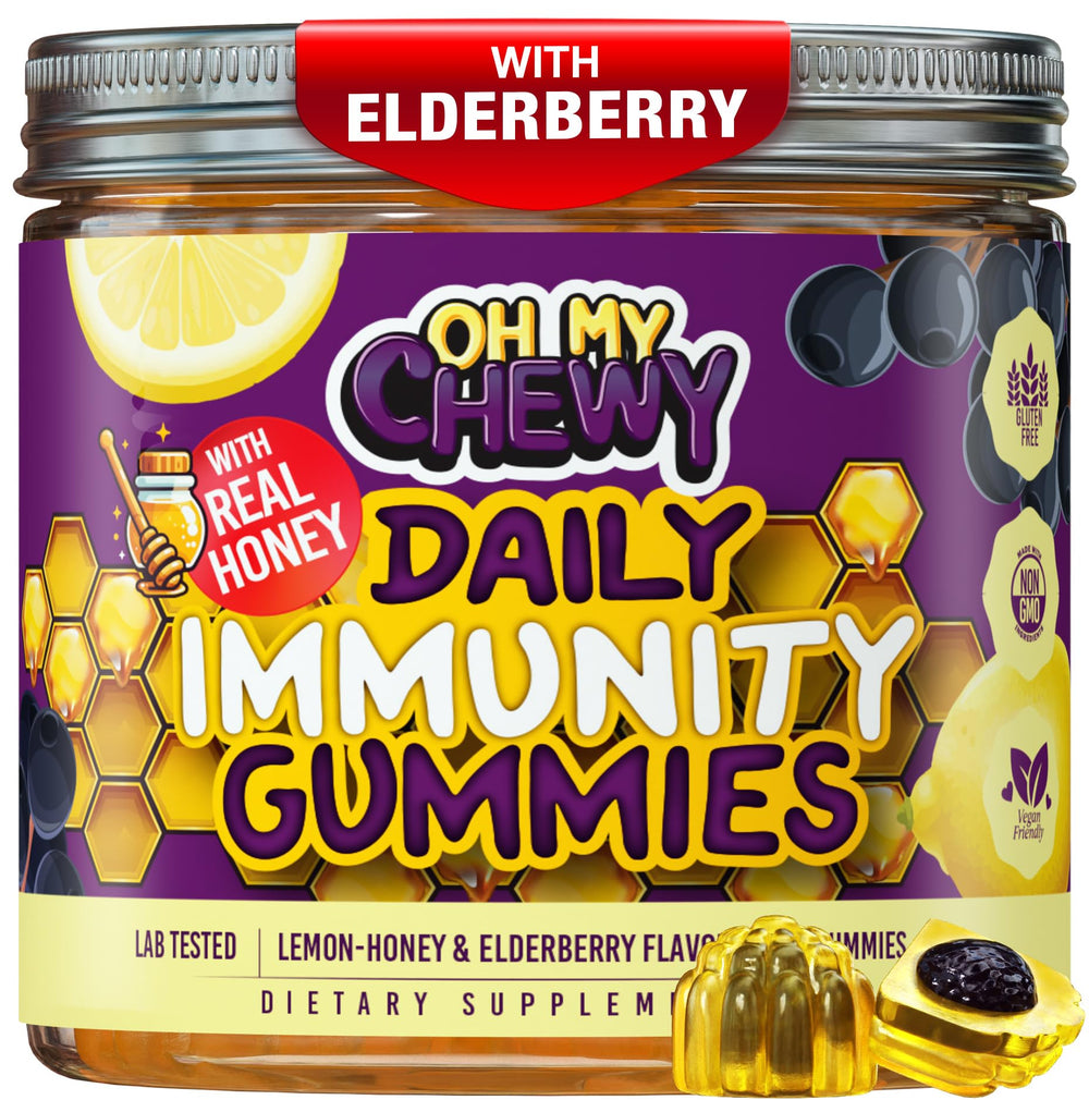 OH MY CHEWY elderberry gummies with lemon-honey center for immune support.