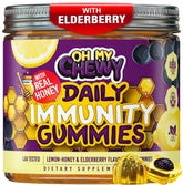 OH MY CHEWY elderberry gummies with lemon-honey center for immune support.