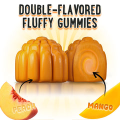OH MY CHEWY height growth gummies closeup, peach and mango flavor.