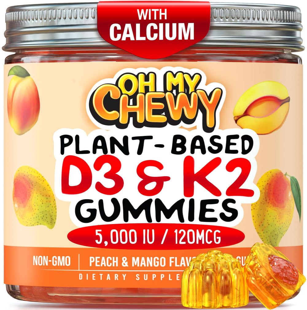 OH MY CHEWY packaging shows center-filled vitamin D3 K2 calcium gummies for daily family support