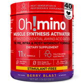 Oh!mino Essential Amino Acids Berry Blast tub highlights a complete EAA and BCAA blend for performance support.