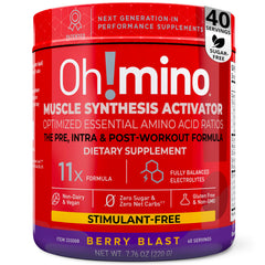 Oh!mino Essential Amino Acids Berry Blast tub highlights a complete EAA and BCAA blend for performance support.