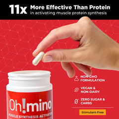 Oh!mino Essential Amino Acids packaging label close-up emphasizes vegan, non-GMO formula.