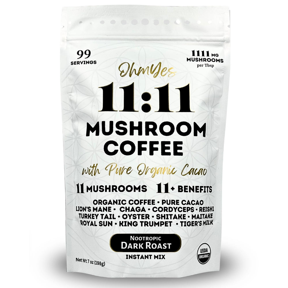 OhmYes 11 Mushroom Coffee + Cacao bottle shows balanced energy from organic mushrooms.