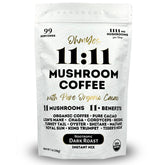 OhmYes 11 Mushroom Coffee + Cacao bottle shows balanced energy from organic mushrooms.