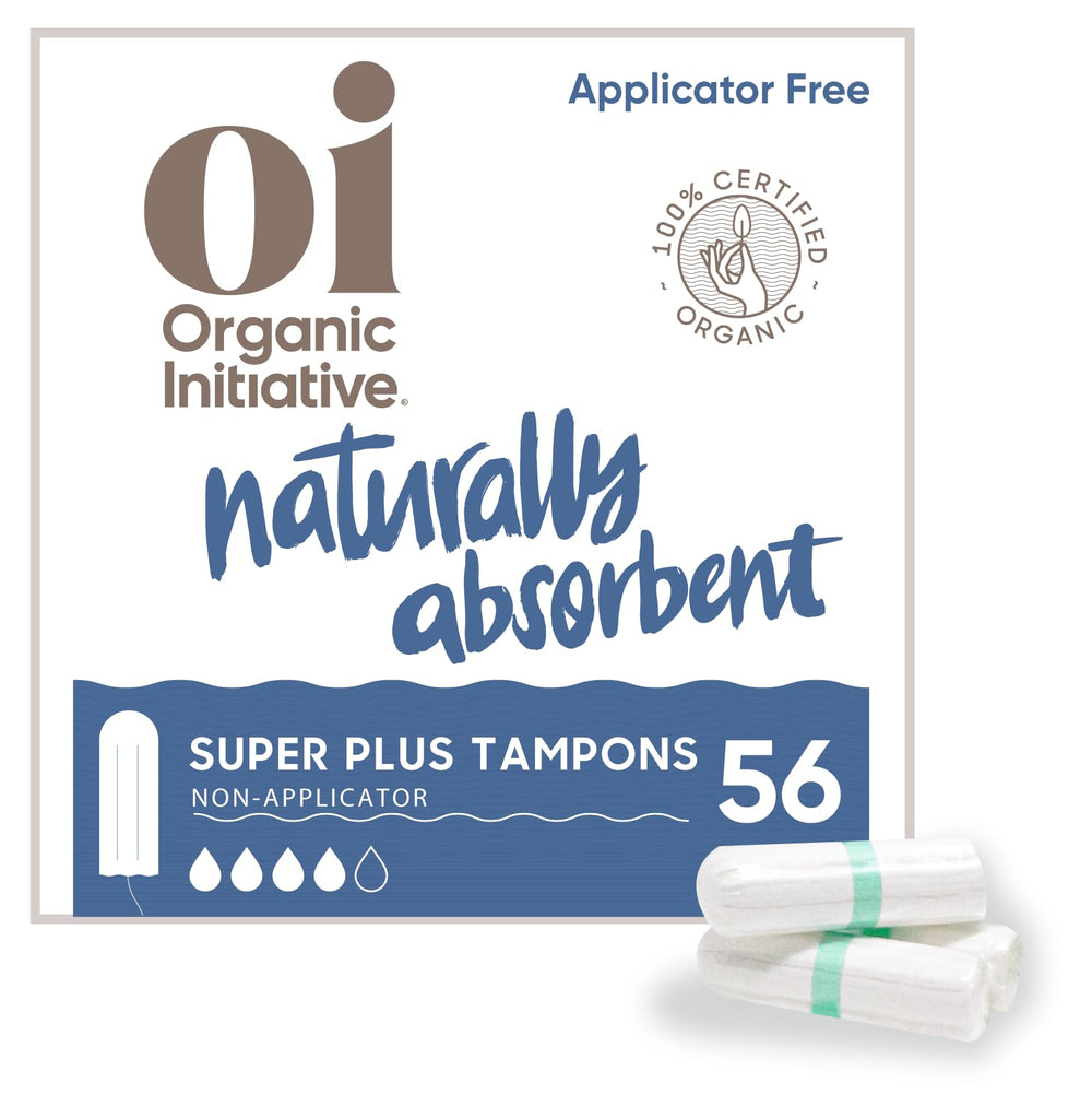 Oi non-applicator tampons packaging showing organic cotton and unscented design