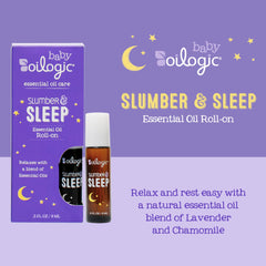 Oilogic Slumber Roll-On on neck and chest for soothing baby comfort.