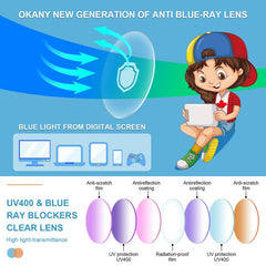 Okany Kids blue light glasses lens closeup showing UV protection and glare reduction