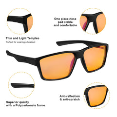 Okany lens close-up highlighting orange tint and anti-glare coating.