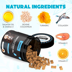 Close-up of OKKÖBI Omega 3 chews highlighting glossy coat potential.