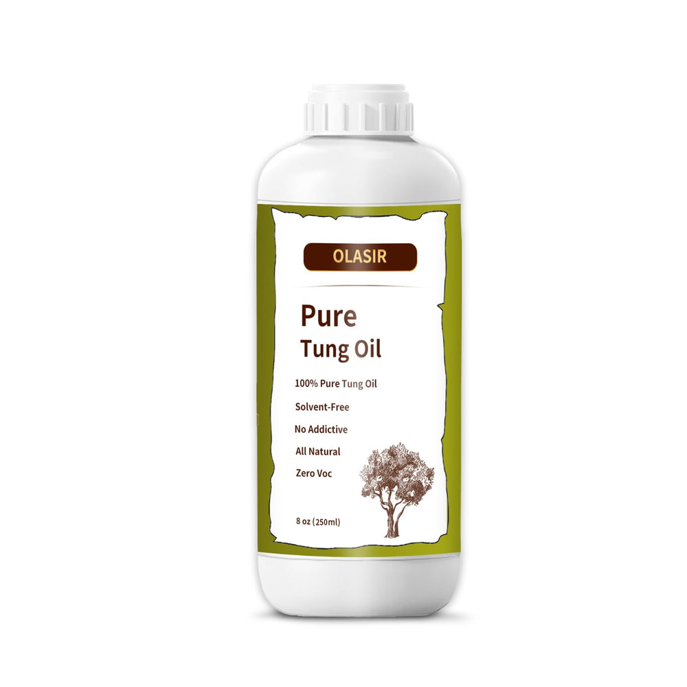 OLASIR tung oil bottle pour showcases easy application for wood finishes.