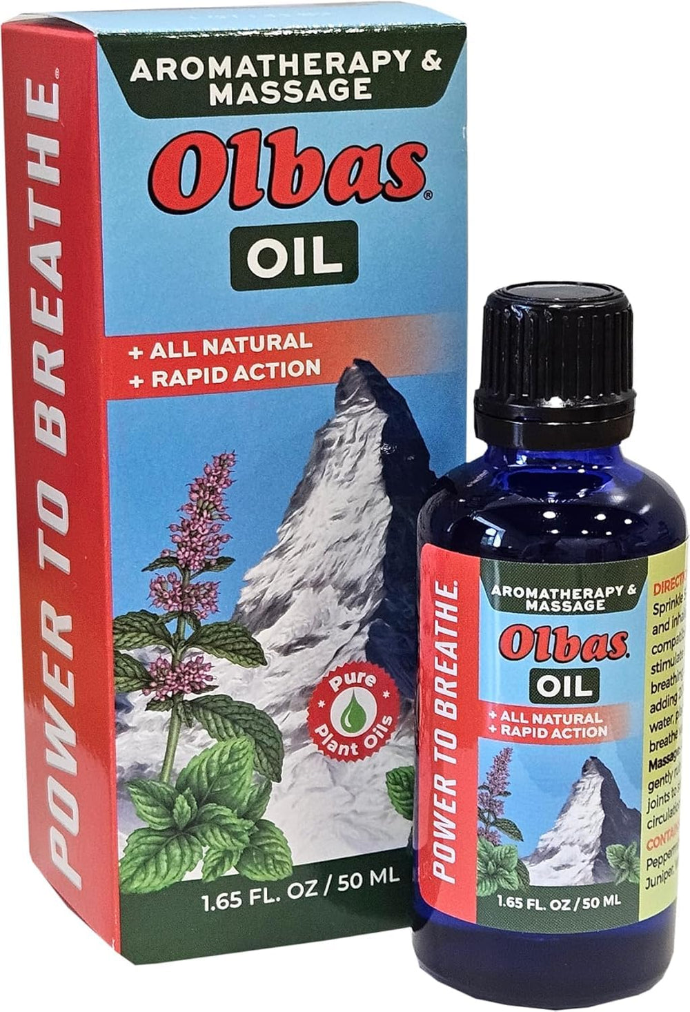 Olbas massage oil bottle pour showing Swiss blend for relaxation and comfort