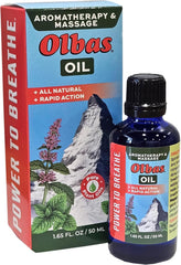 Olbas massage oil bottle pour showing Swiss blend for relaxation and comfort
