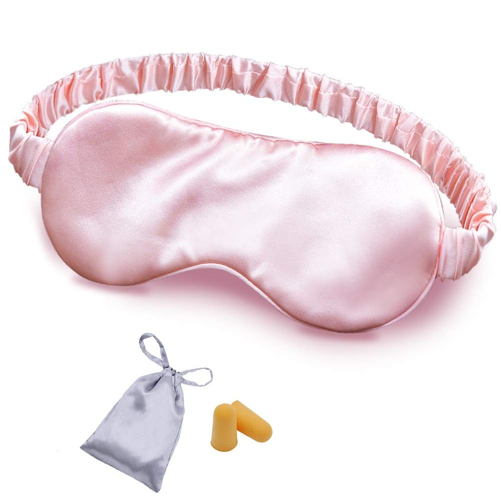 OLESILK silk sleep mask front view in pink for deep blackout comfort.