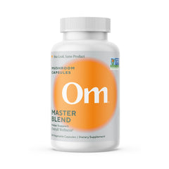 OM Master Blend bottle front view showing organic mushroom capsules for daily support.