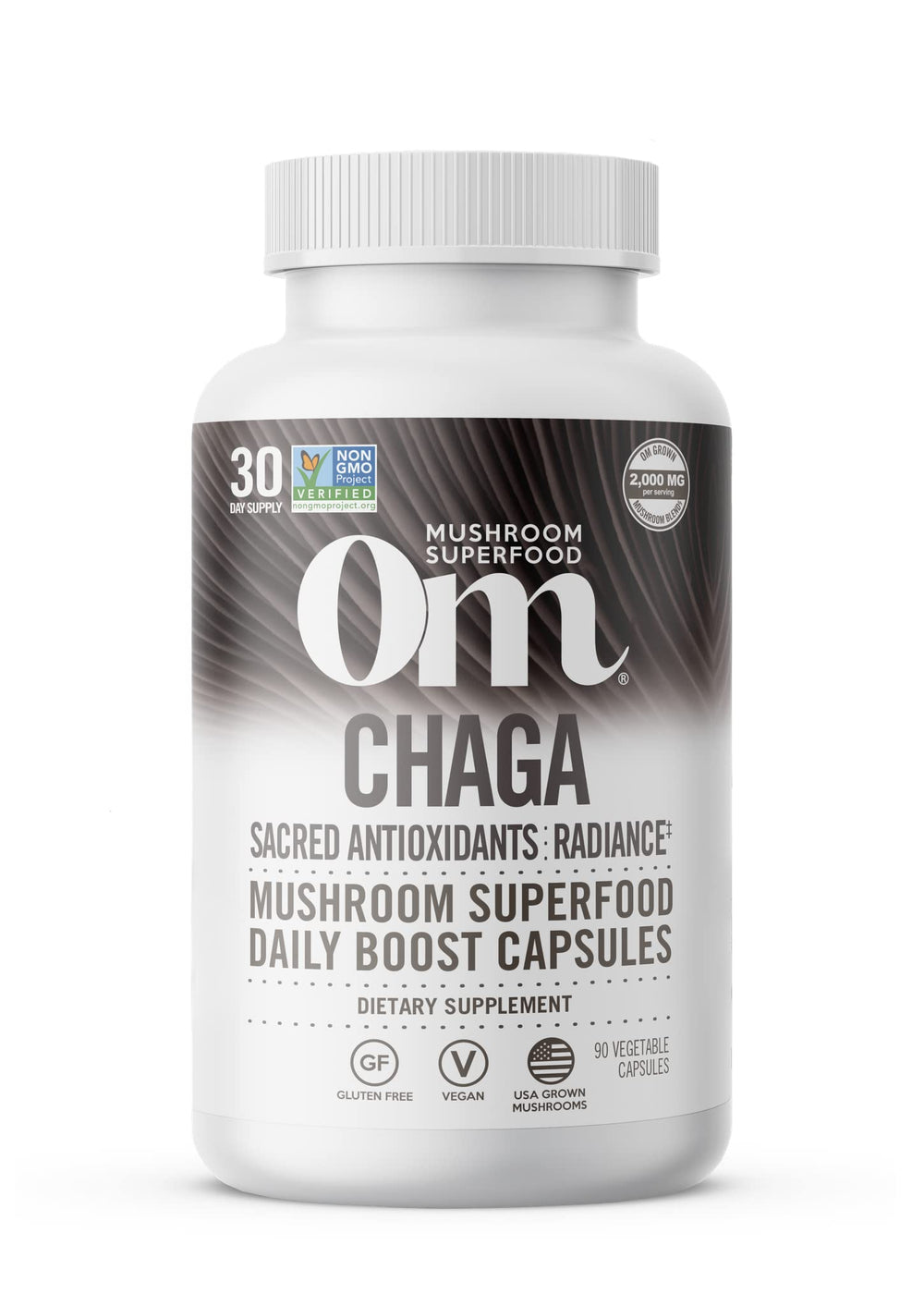 OM Mushroom Superfood chaga capsules bottle showcasing convenient daily antioxidant support
