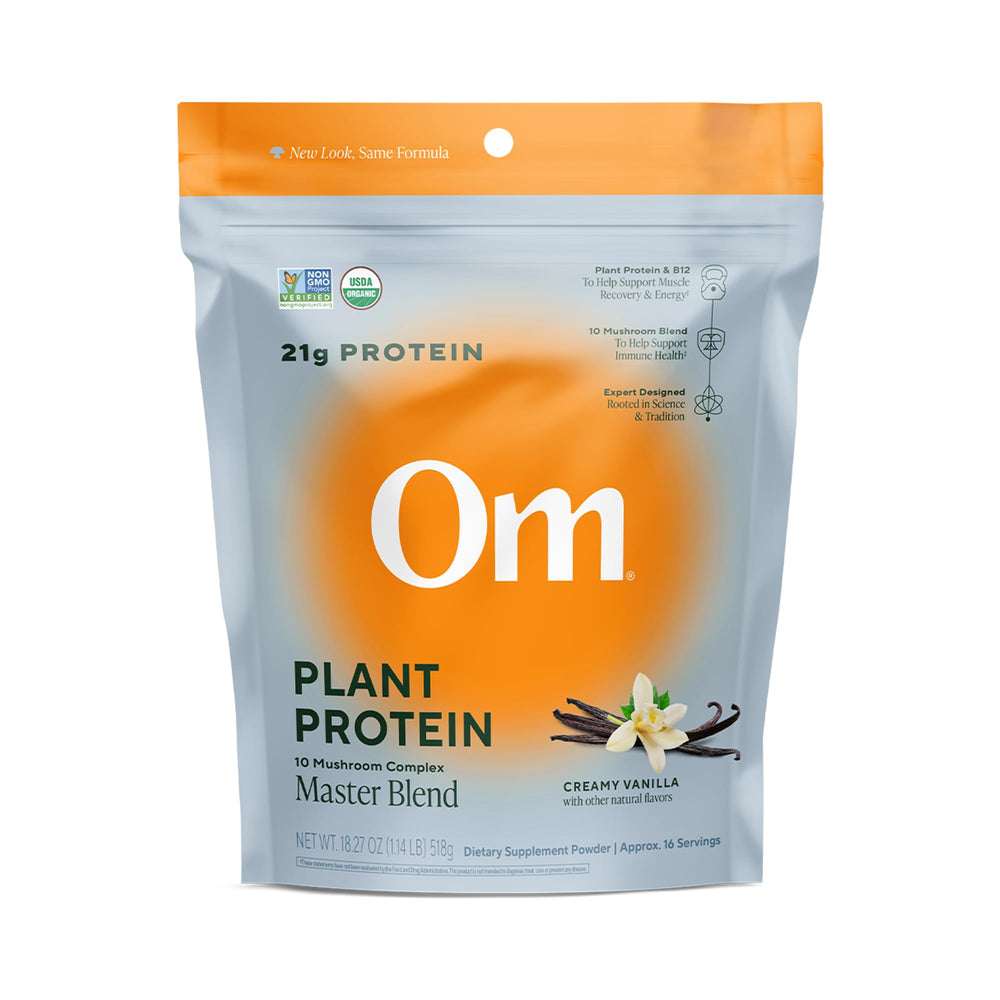 OM MUSHROOM MASTER BLEND vanilla protein bottle for on-the-go energy and recovery.