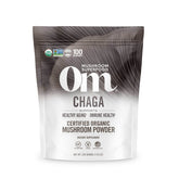 OM MUSHROOM SUPERFOOD Chaga powder in a bowl highlighting antioxidant benefits
