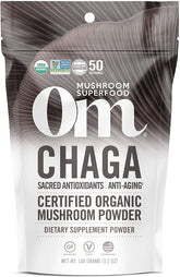 OM Mushroom Superfood Chaga powder pack shot showing organic antioxidant-rich formula