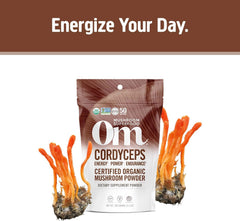 OM MUSHROOM SUPERFOOD Cordyceps powder in glass showing smooth mixability.