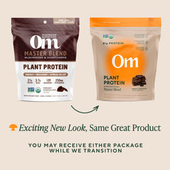 OM Mushroom Superfood Master Blend chocolate scoop, ready for protein shakes.