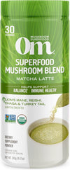 OM Mushroom Superfood Matcha Latte Blend canister front label for brand trust and clarity