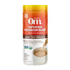 OM MUSHROOM SUPERFOOD Morning Energy Blend packshot highlighting caffeine-free energy