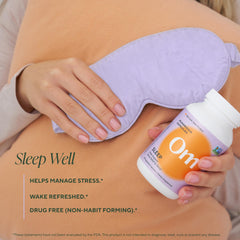 OM MUSHROOM SUPERFOOD Sleep Capsules back label detail shows 90-count packaging and 30-day supply.