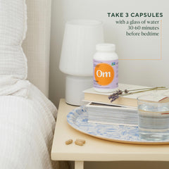 OM MUSHROOM SUPERFOOD Sleep Capsules pour shows easy nightly dosing for sleep support.