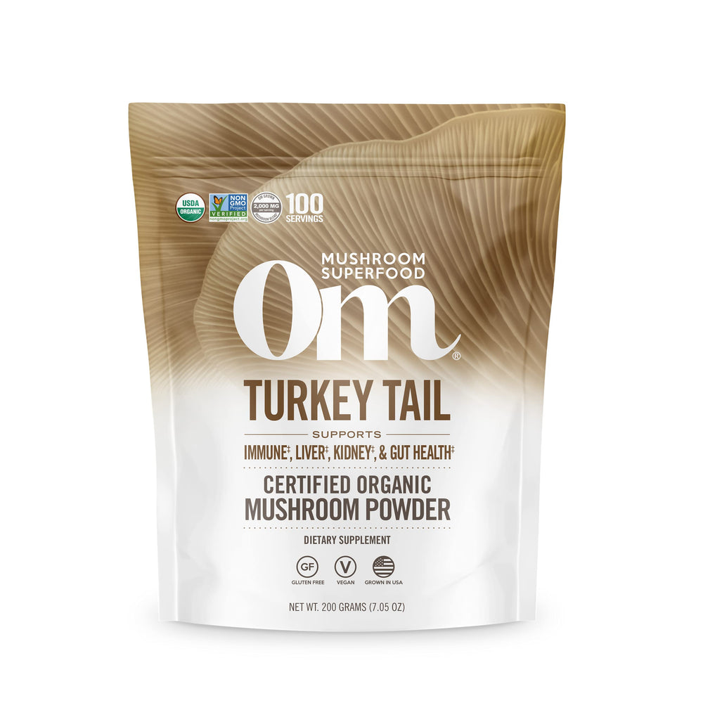 OM Mushroom Superfood Turkey Tail powder bottle front, organic immune-support formula.