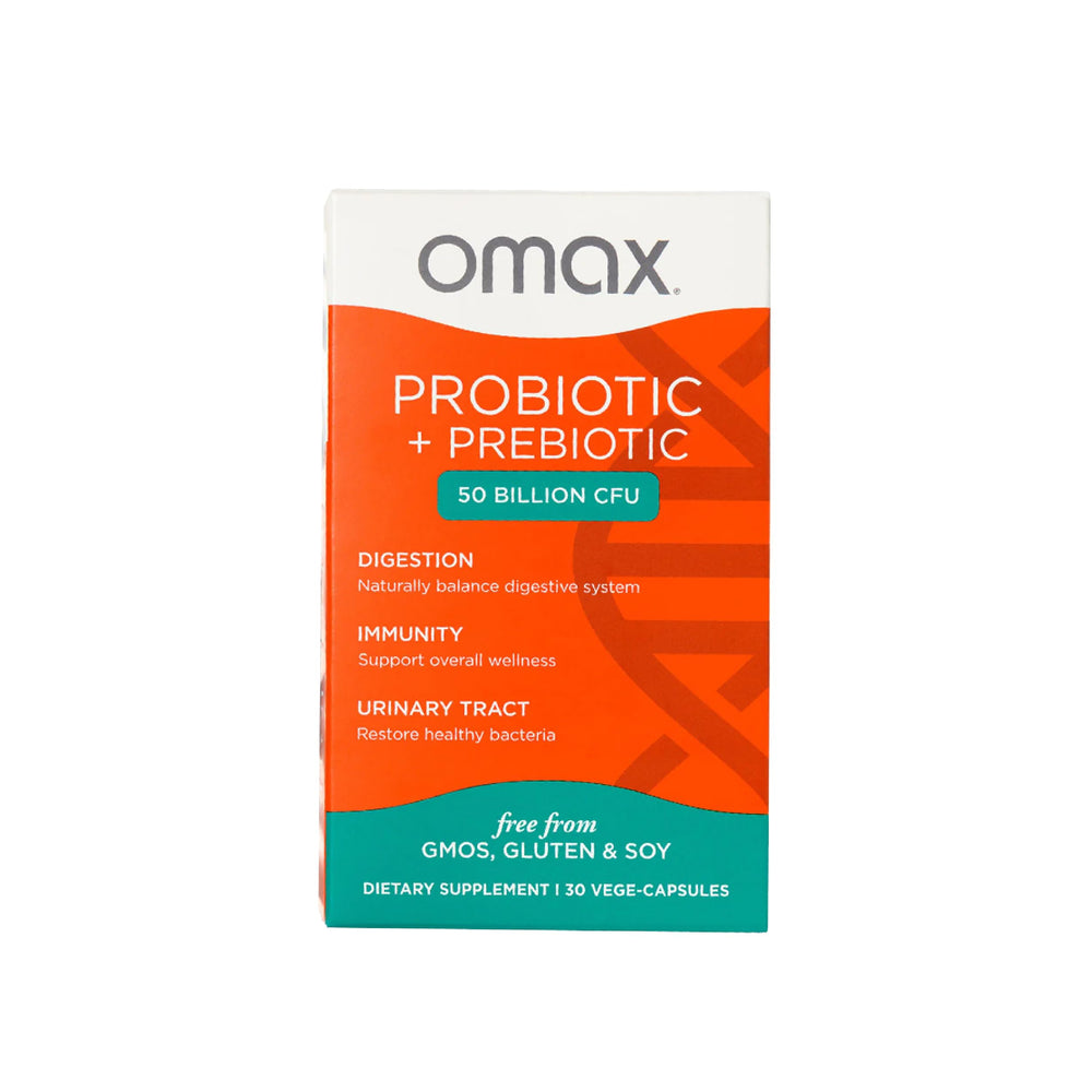 Omax3 bottle with 50B CFU probiotic capsules for daily digestion.