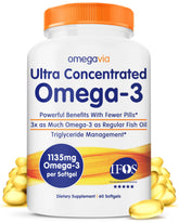 Omegavia bottle with burpless omega-3 softgels for easy swallowing