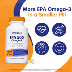 OmegaVia EPA 500 bottle label highlights 500 mg EPA per capsule for targeted support