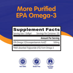 OmegaVia EPA 500 softgels closeup emphasizes burpless design for daily comfort