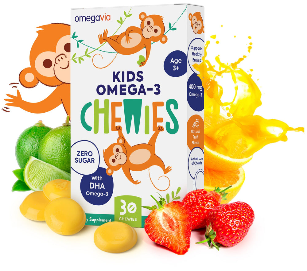 OmegaVia Kids Omega-3 Gummies bottle with sugar-free strawberry citrus flavor supporting focus and healthy eyes.
