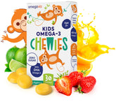 OmegaVia Kids Omega-3 Gummies bottle with sugar-free strawberry citrus flavor supporting focus and healthy eyes.