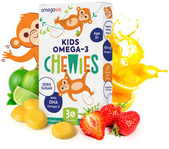 OmegaVia Kids Omega-3 Gummies bottle with sugar-free strawberry citrus flavor supporting focus and healthy eyes.