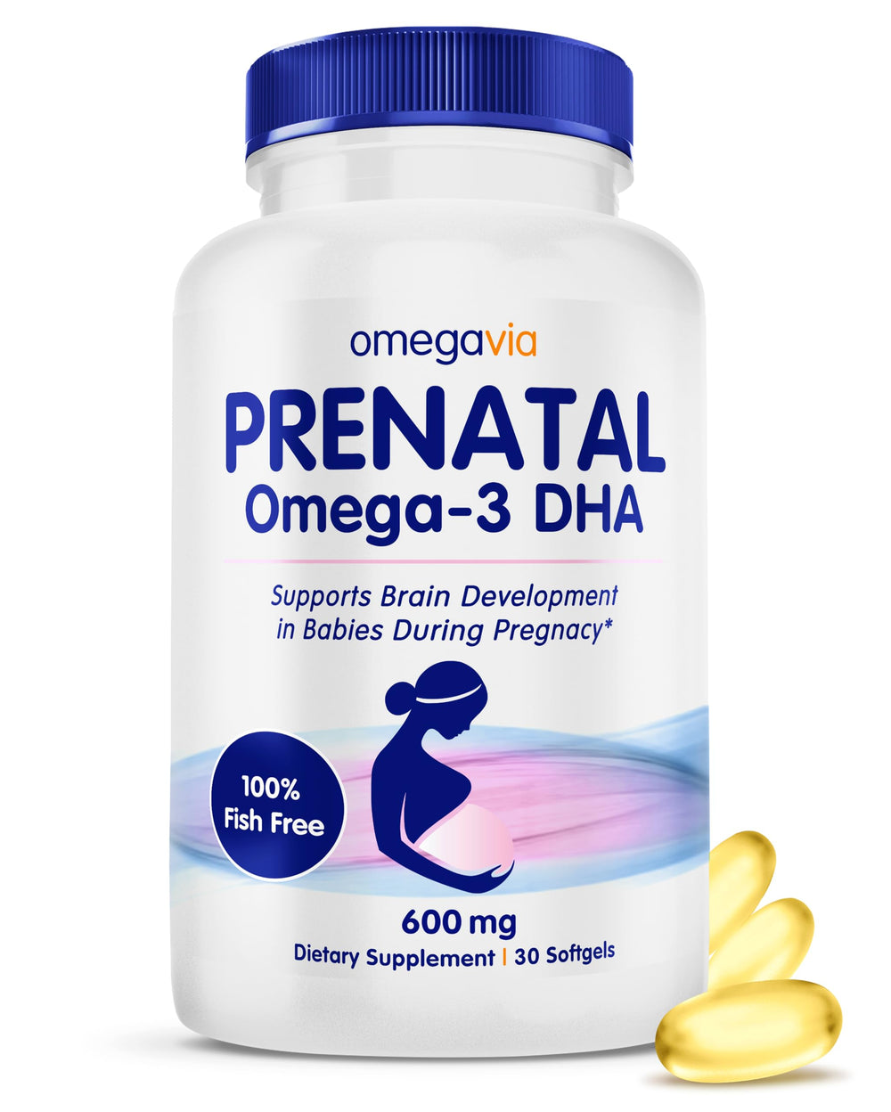 OmegaVia Prenatal DHA 600mg bottle highlighting high-dose algae DHA for mom and baby