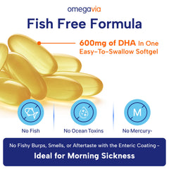 OmegaVia Prenatal DHA enteric-coated softgels highlight gentle digestion and reduced nausea