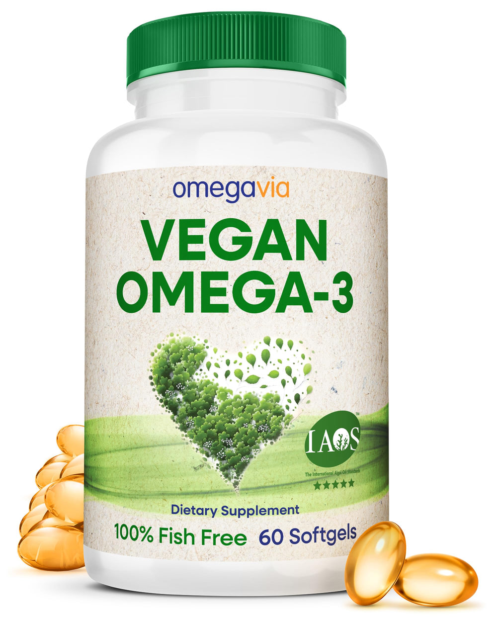 OmegaVia vegan omega-3 softgel bottle with plant-based DHA for daily wellness.