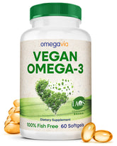 OmegaVia vegan omega-3 softgel bottle with plant-based DHA for daily wellness.