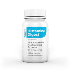 Omne Diem Histamine Digest bottle on kitchen counter offering meal-friendly histamine support