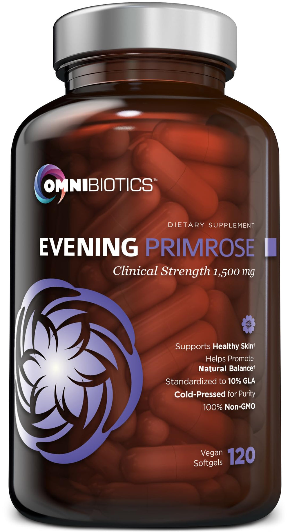 OmniBiotics Evening Primrose Oil bottle on counter, showcasing a pure, cold-pressed formulation.